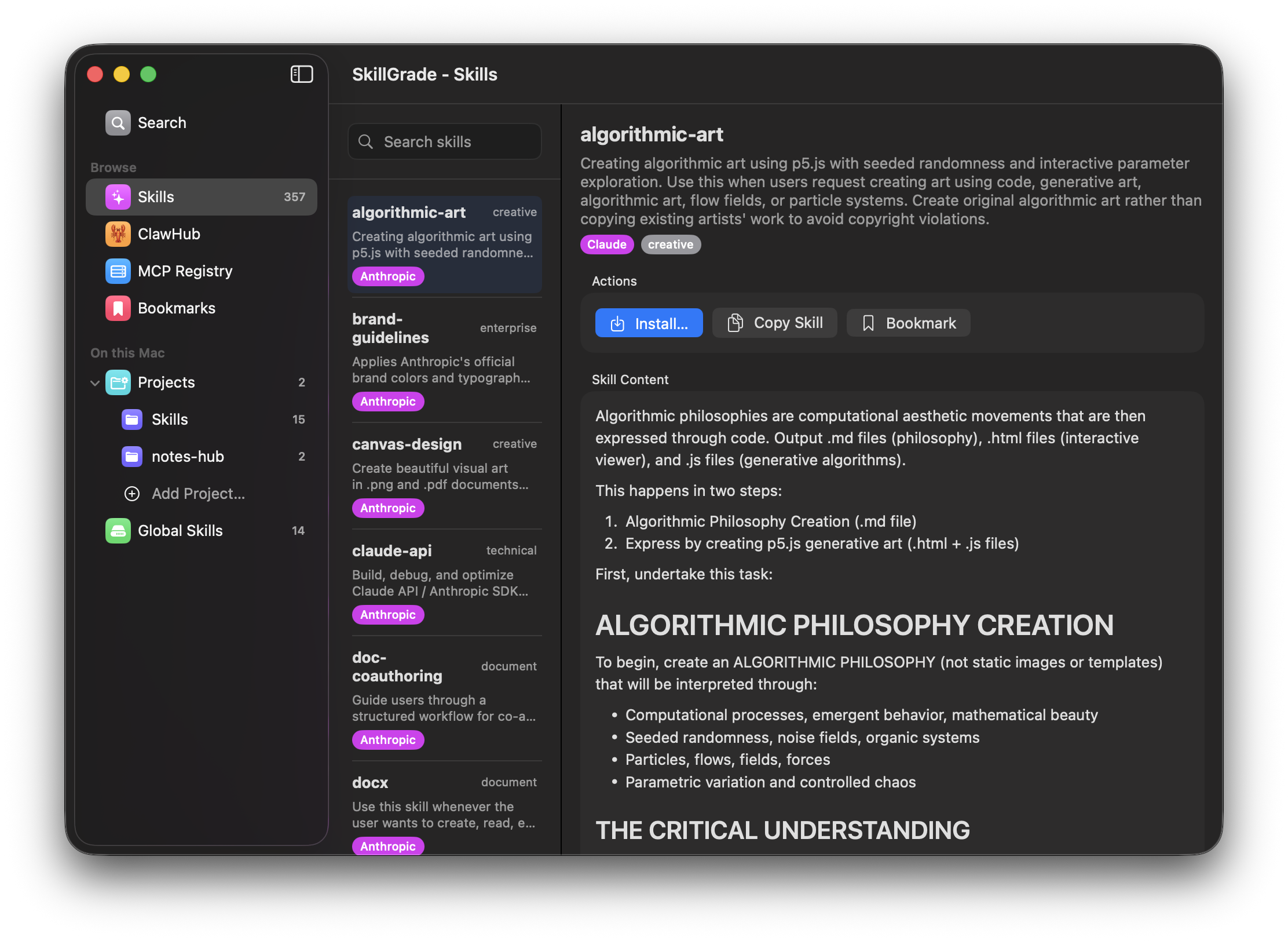SkillGrade — Skills browser showing algorithmic-art skill