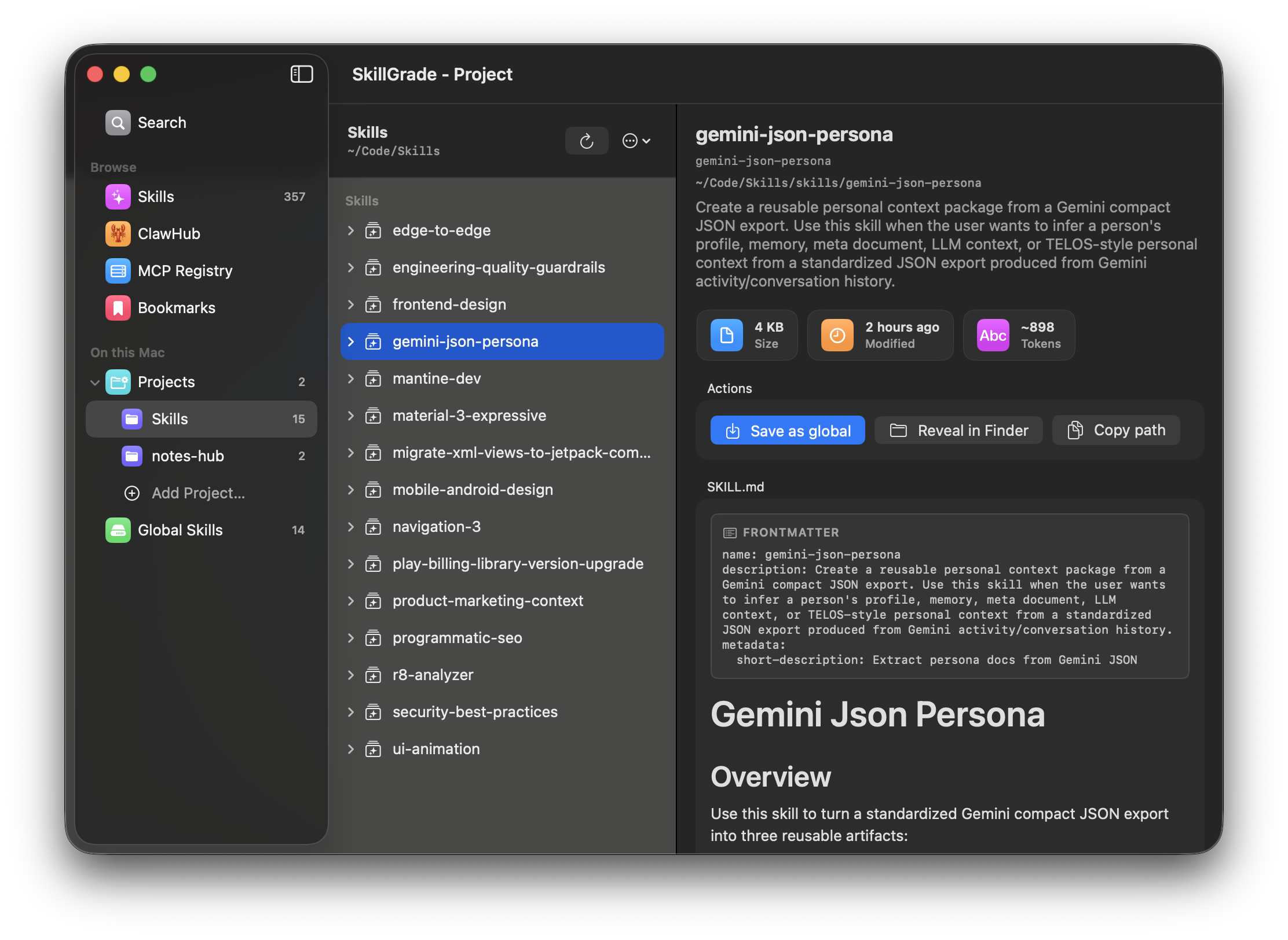 SkillGrade — Project view with local skills